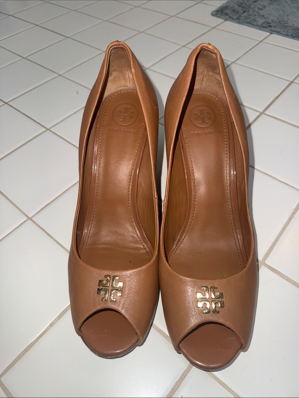 Tory Burch Lowell Tan Leather Peep-Toe Wedges with Gold Logo